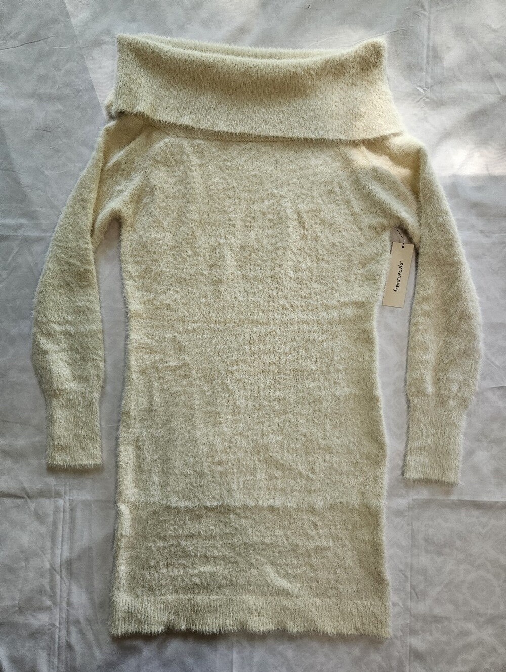 Francescas Womens M Beige Laura Off The Shoulder Fuzzy Sweater Dress Super Soft